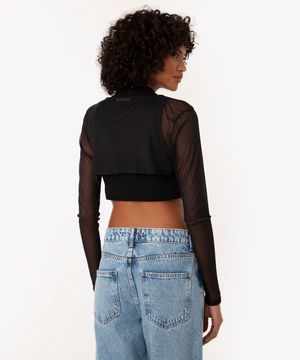 cropped de tule assimétrico manga longa preto