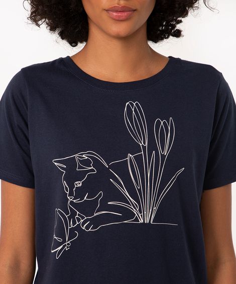 camiseta de algodão gato outline azul marinho