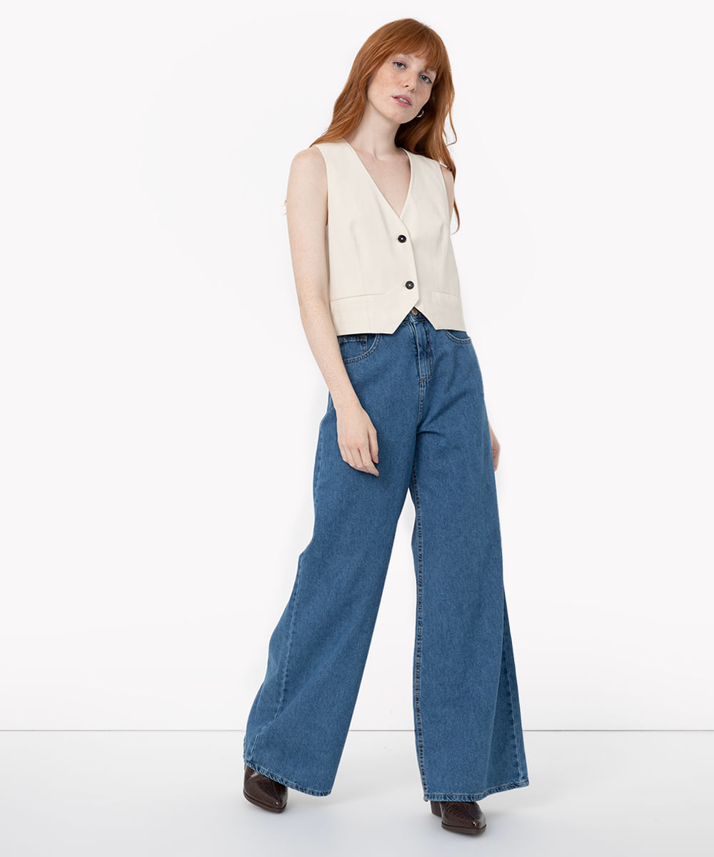 Calça Feminina Jeans Wide Leg Rasgado estampada Cintura Alta Tecido Grosso  muito bom Pantalona Linha Premium 100% Algodão