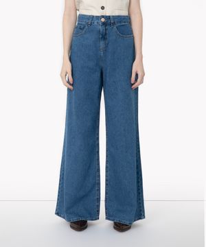 calça jeans wide leg cintura super alta azul medio