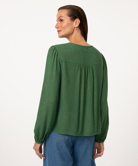 blusa de viscose manga longa bordado verde escuro