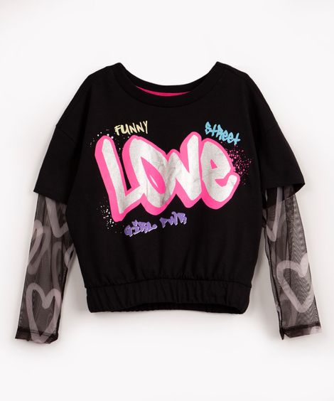 blusa infantil manga de tule grafite preto