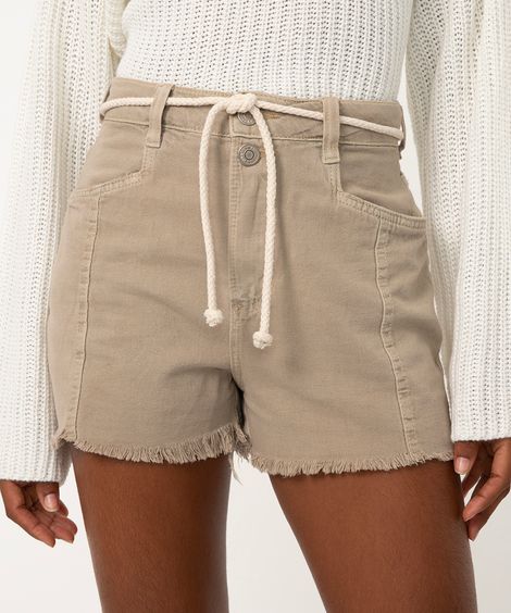short de sarja cintura super alta com cordão areia