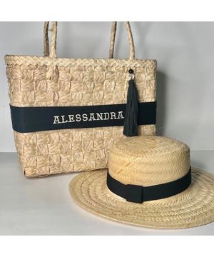 Kit Bolsa Sacola com Chapéu Palha Bordado Verão Moda Praia Bege Ana Paula Viegas