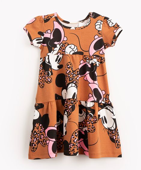 vestido de algodão infantil minnie manga curta marrom