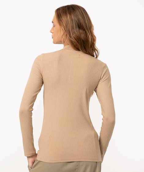 blusa de viscose canelada gola alta com zíper bege