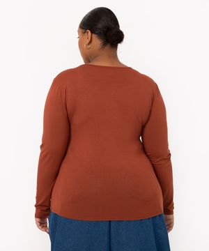 blusa plus size básica manga longa decote redondo marrom