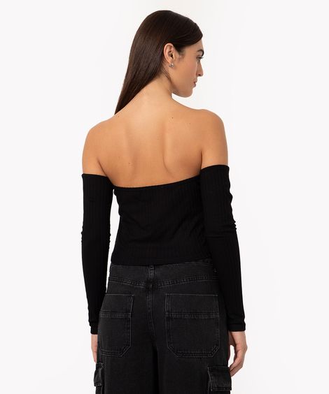blusa canelada ombro a ombro manga longa preto