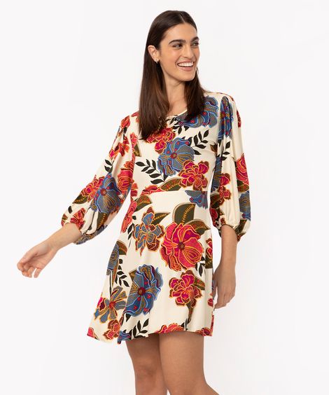 vestido curto de viscose floral manga bufante bege claro