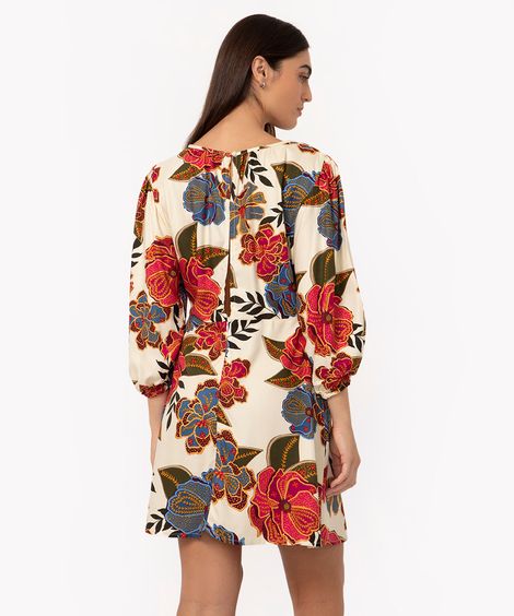 vestido curto de viscose floral manga bufante bege claro