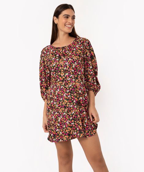 vestido curto de viscose floral manga bufante preto