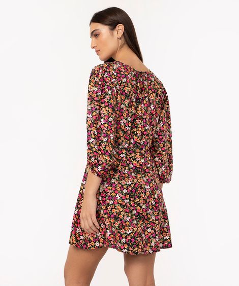 vestido curto de viscose floral manga bufante preto