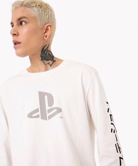 camiseta de algodão playstation manga longa branco
