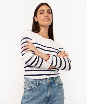 suéter de tricot listrado manga longa off white