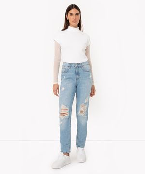 calça jeans mom cintura super alta destroyed azul médio