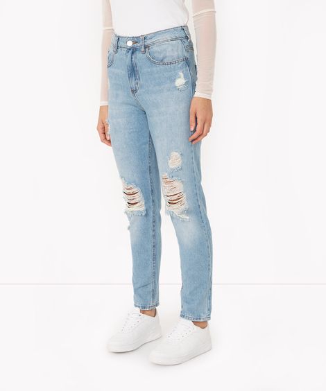 calça jeans mom cintura super alta destroyed azul médio