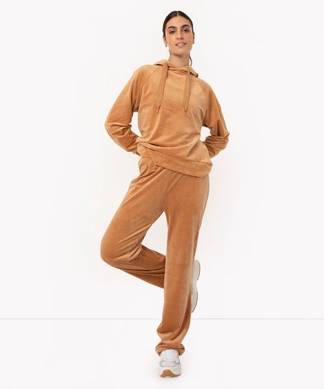 calça reta de plush esportiva marrom claro