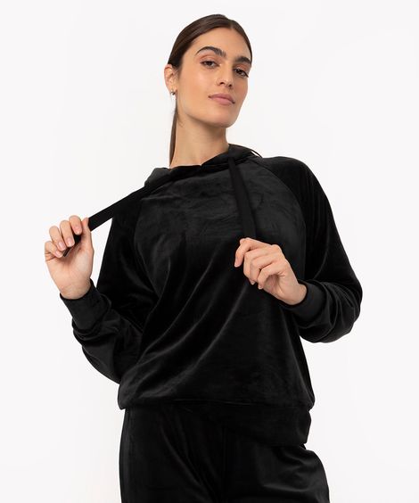 casaco de plush com capuz esportivo preto