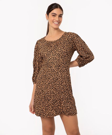 vestido curto de viscose animal print manga bufante marrom