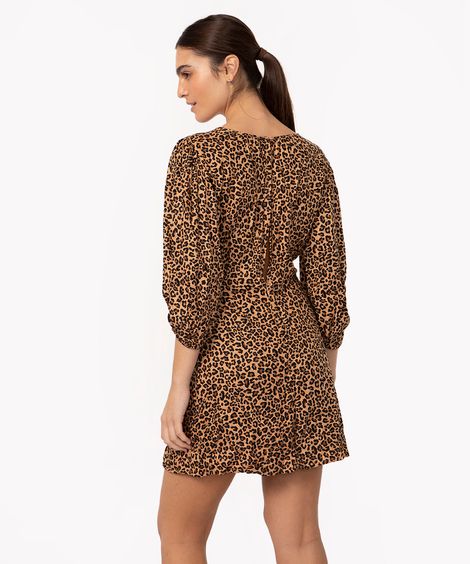 vestido curto de viscose animal print manga bufante marrom