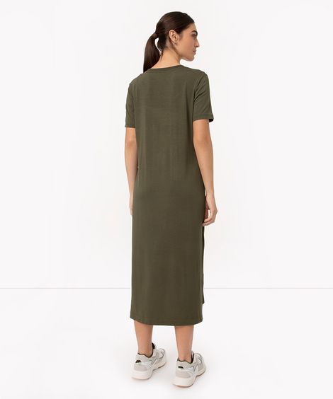 vestido midi básico de viscose decote v verde militar