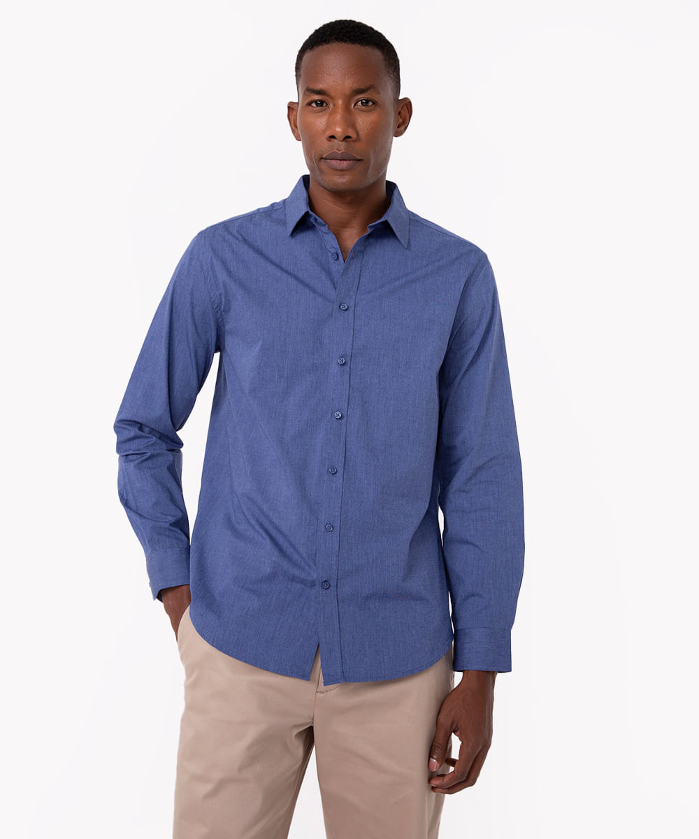 camisa comfort manga longa azul médio - C&A