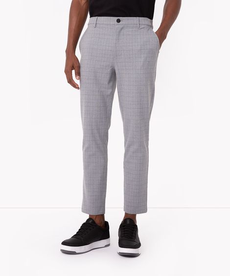 calça chino slim de alfaiataria masculina xadrez cinza