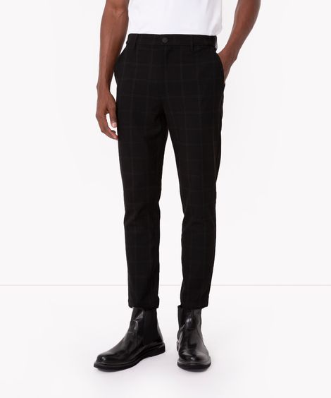 calça chino slim de alfaiataria masculina xadrez preta