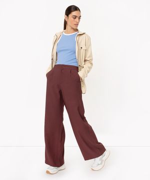 calça wide leg de viscose cintura alta - marrom