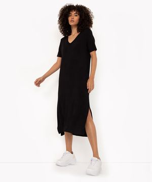 vestido midi básico de viscose decote v preto