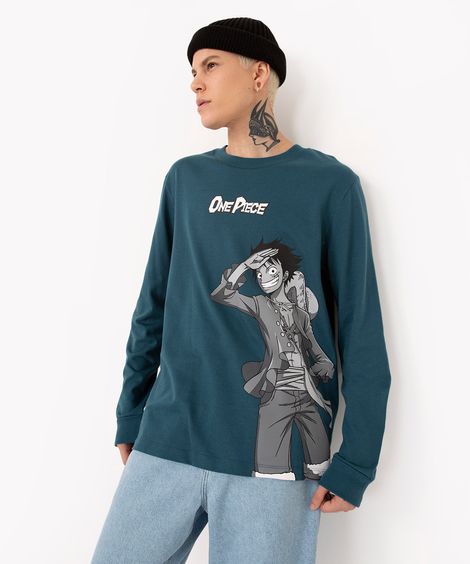 camiseta de algodão one piece manga longa verde escuro