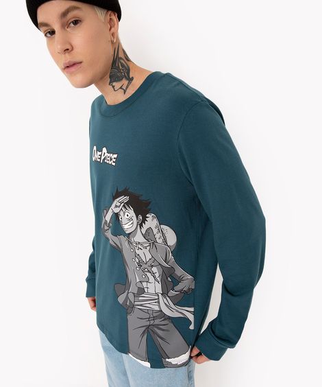 camiseta de algodão one piece manga longa verde escuro