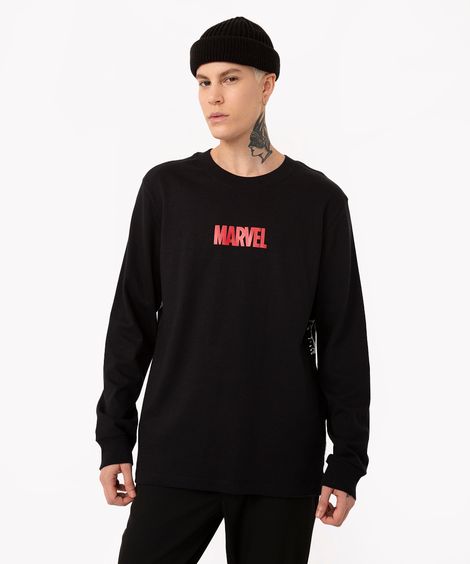 camiseta de algodão marvel manga longa preta