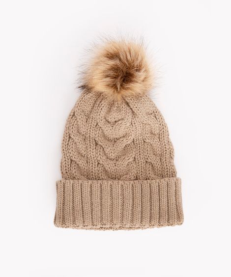 gorro de tricot com pompom bege