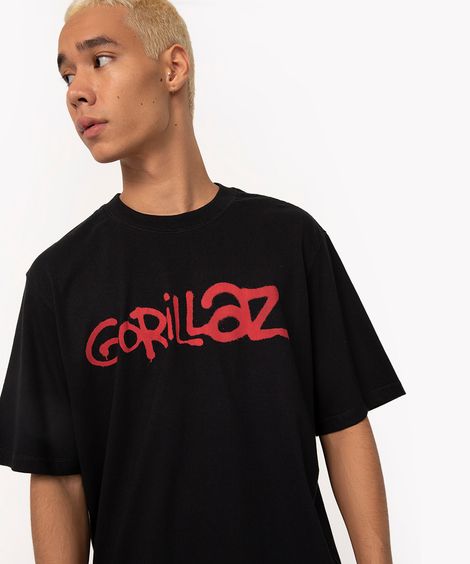 camiseta de algodão manga curta oversized gorillaz preto