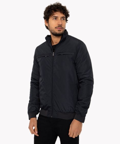 jaqueta de nylon básica com zíper azul marinho