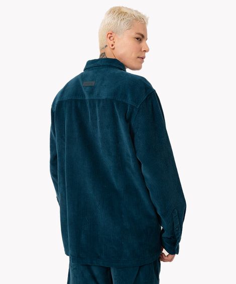 camisa de veludo cotelê com bolsos manga longa azul