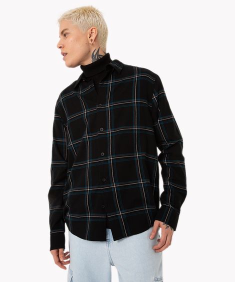 camisa de algodão xadrez manga longa preta