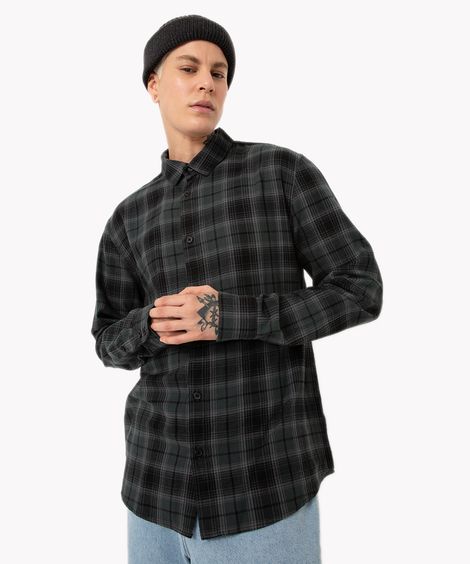 camisa de algodão xadrez manga longa verde