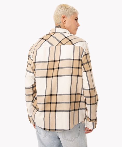 camisa de algodão xadrez manga longa bege