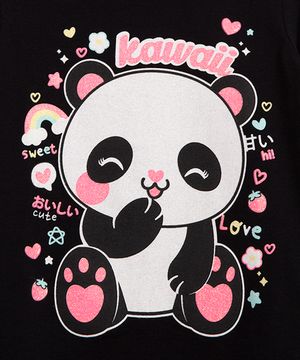 camiseta infantil de algodão panda manga longa preto