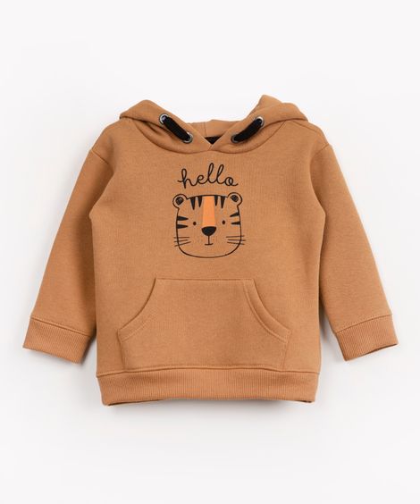 blusão infantil de moletom com capuz e bolso marrom