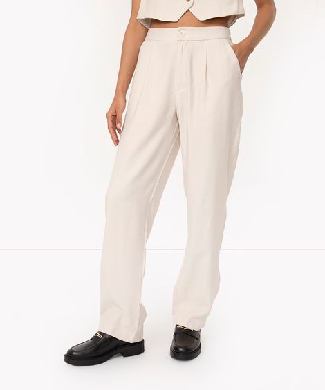calça reta de viscose cintura alta com bolsos areia