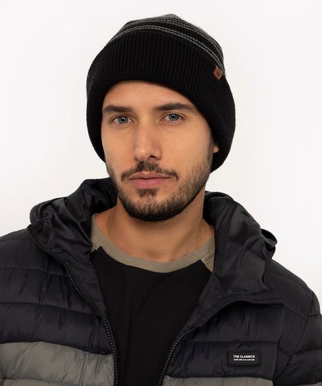 gorro de tricot listrado com dobra preto
