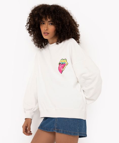 blusão de moletom oversized rolling stones off white