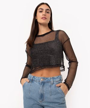 blusa de tela cropped manga longa brilho preto