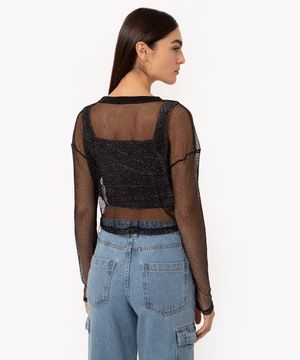 blusa de tela cropped manga longa brilho preto