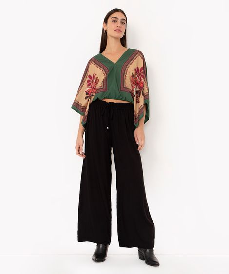 calça wide leg de viscose cós elástico preta