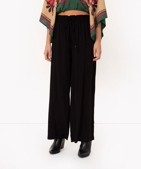 calça wide leg de viscose cós elástico preta