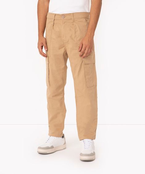 calça de sarja wide leg cargo bege